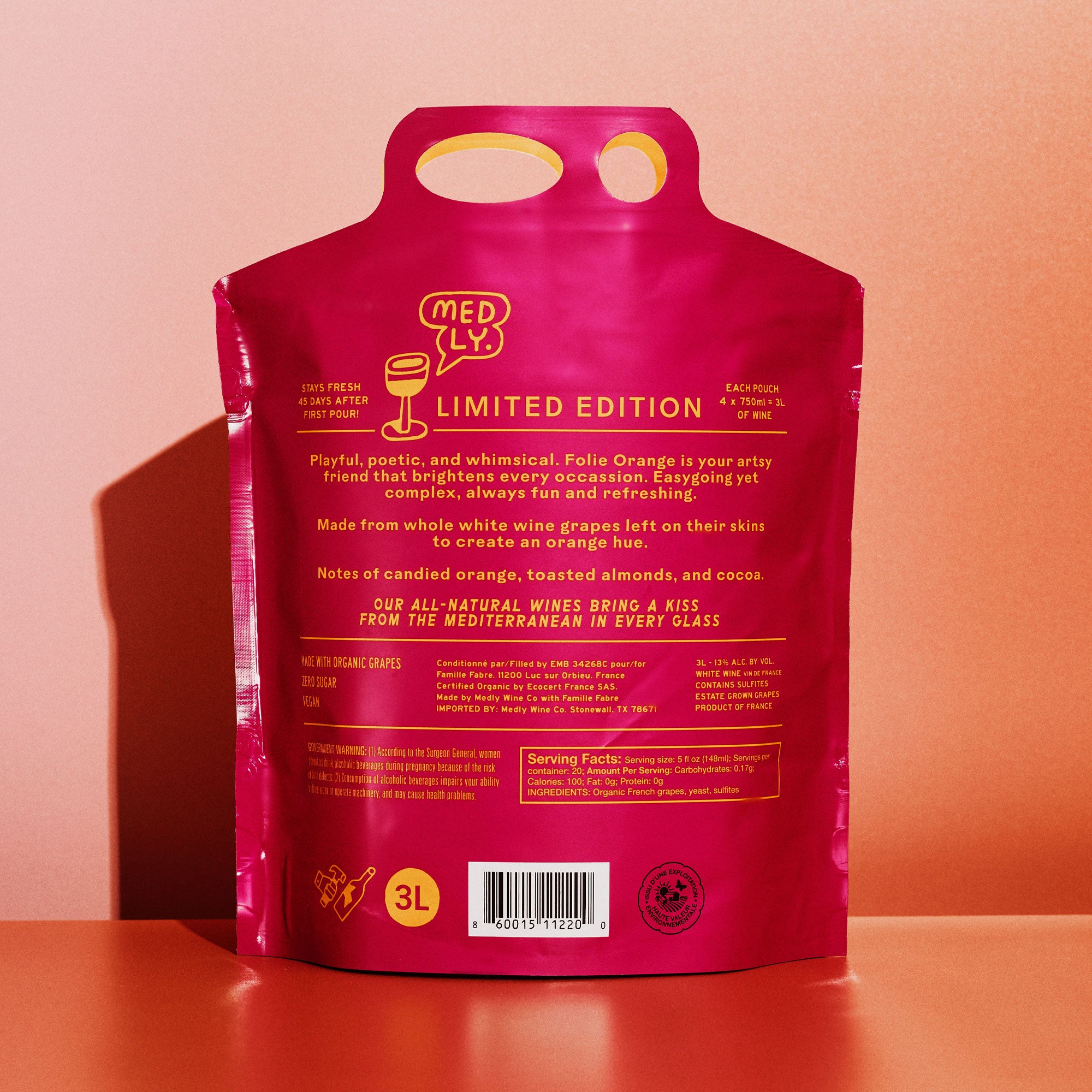 the back of medly wine's folie orange wine 3 liter pouch 